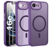 FLLAO Funda para iPhone 16e, Compatible MagSafe, con 2 Piezas Protector de Pantalla Cristal Templado, [Protección de Cámara] Magnética Carcasa Translúcida Mate Trasera Fina Antigolpes, Morado Oscuro