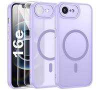 FLLAO Funda para iPhone 16e, Compatible MagSafe, con 2 Piezas Protector de Pantalla Cristal Templado, [Protección de Cámara] Magnética Carcasa Translúcida Mate Trasera Fina Antigolpes, Púrpura Claro
