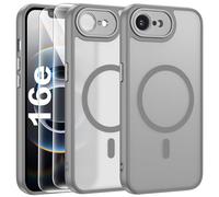 FLLAO Funda para iPhone 16e, Compatible MagSafe, con 2 Piezas Protector de Pantalla Cristal Templado, [Protección de Cámara] Magnética Carcasa Translúcida Mate Trasera Fina Antigolpes, Gris
