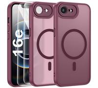 FLLAO Funda para iPhone 16e, Compatible MagSafe, con 2 Piezas Protector de Pantalla Cristal Templado, [Protección de Cámara] Magnética Carcasa Translúcida Mate Trasera Fina Antigolpes, Granate