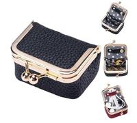 FLLUOUZH Genuine Leather Mini Jewelry Box - Portable Travel Jewelry Organizer Case for Women, Vintage-Inspired Coin Purse with Kiss Lock, Storage for Rings, Earrings, Necklaces, Bracelets (Black)