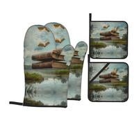 Floating Books on The Lake - Juego de 4 piezas para hornear con tapa de olla, guantes antideslizantes