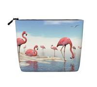 Flock of Pink Flamingos On The Beach - Organizador de cosméticos grande, bolsa de cáñamo falso, resistente al agua, con cremallera para viajes diarios
