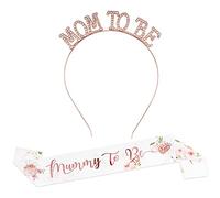 FLOFIA Kit Banda Blanco Mummy to Be Futura Mamá Fajín Faja de Satén + Tiara Diadema Mom to Be para Baby Shower Bautizo Decoración Fiesta Party Decoration Conjunto Disfraz