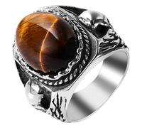 Flonge - Anillo de acero inoxidable para hombre, diseño de ojo de tigre, con piedra de ojo de tigre, estilo vintage, grabado en forma de calavera, 7(N1/2), Piedra preciosa.