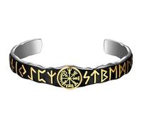 Flonge - Pulsera de runa para hombre: pulsera vikinga de acero inoxidable negro con emblema rúnico dorado misterioso nórdico regalo para hombres