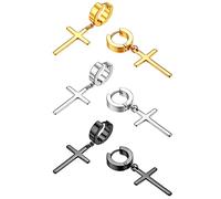 Flongo 3 Pares Zarcillos Pendientes clip, no piercing de orejas, Pendientes de cruz, Unisex pequeños pendientes de aro, Acero inoxidable hip hop, Negro Plata Oro de hombre mujer