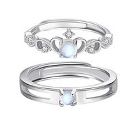 Flongo Anillo Compromiso Eterno Mujere: Anillo De Acero Inoxidable Incrustado Con Piedra Lunar - Set De Anillos De Compromiso Y Matrimonio - Ajustable Para Hombres Y Mujeres