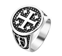 Flongo Anillo Cruz Jerusalén Hombre: Anillo De Acero Inoxidable La Cruz De Jerusalén - Amuleto De Bautismo De Joyería De Cruzado Cristiano - Talla 17-30