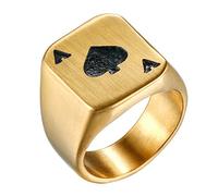 Flongo Anillo de Compromiso de Hombre Mujer, As de Picas Anillo de Sello Grande de Poker, Anillo Acero Inoxidable Retro Vintage, Dorado Negro Talla 7 Americana