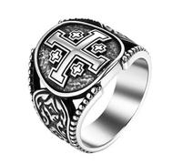 Flongo Anillo de cruz de Jerusalén para hombre: anillo de sello de cruz joyas cristianas amuleto de bautizo acero inoxidable regalo para padre judío católico ortodoxo amante amigo hombres57, 59, Acero
