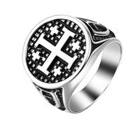 Flongo Anillo de Jerusalén con cruz para hombre: anillo de sello de acero inoxidable en estilo vintage, religioso cruzado, talismán, joya para bautismo, boda, regalo cristiano para católico, ortodoxo
