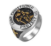 Flongo Anillo de San Cristóbal para Hombre - Medalla Protectora de Acero Inoxidable Color Oro Plata - Joya Religiosa Católica de Fe y Protección para Viajeros - Talla Española 30