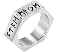 Flongo Anillo Hombre Runa Vikingo: Anillo Nórdico de Acero Inoxidable Hexagonal Geométrico - Anillo de Ciclismo Estilo Vikingo con Amuleto Nórdico Talla 22 Plata