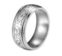 Flongo Anillo para hombre, anillo de acero inoxidable de 8 mm, diseño de flores grabadas, diseño de boda, compromiso, anillo de sellado, pulido, comodidad, ajuste para hombre, Acero inoxidable, Sin