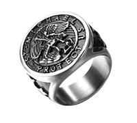 Flongo Anillos San Miguel Hombres: Anillo de Sello Religioso de San Miguel Anillo de Acero Inoxidable Banda Ancha de Plata - Amuleto Joyería Regalos Talla 24
