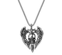 Flongo Cadena para hombre, colgante de calavera de plata y acero inoxidable, collar con alas de ángel, gótico, punk, esqueleto, Halloween, decoración, regalo para hombres, Acero inoxidable