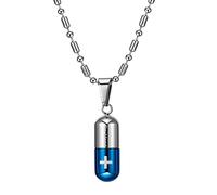 Flongo Collar con Colgante de Pastilla Píldora Collar para Hombre Mujer Cruz Pequeño Cadena de Acero Inoxidable Símpatico Colgante Original Unisex Azul