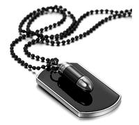 Flongo Collar con Colgante Hombre, Negro Acero Inoxidable, Placa Collar de Perro con Bala, Cadena Biker Motorista, Dogtag Militar, Regalo para Hombre