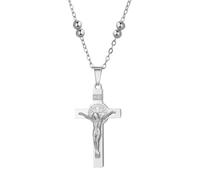 Flongo Collar de Cruz Plateada de Jesús con Medalla de San Benito: Colgante Religioso de Acero Inoxidable - Doble Cara Símbolo de Fe y Protección - Joyería Católica para Mujer - Regalo Espiritual