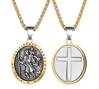 Flongo Collar de San Cristóbal para hombre: medallón de cruz de San Cristóbal negro y dorado, colgante con símbolo de San Antonio, protección de viaje, católico, religioso, cadena, amuleto de la