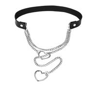 Flongo Collar en Y de corazón Lariat para mujer: Collar gótico de cuero PU con cadena cubana de acero inoxidable - Longitud ajustable - Gargantilla con colgante de corazón - Cadena de cuero negro y