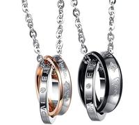 Flongo Collares con Colgantes para Parejas Enamorados His & Hers Forever Love Acero Inoxidable Colgantes de Anillos Negro Oro Rosa Buen Regalo de San Valentin Navidad