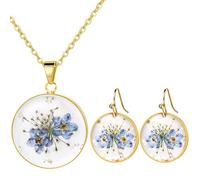 Flongo Conjunto De Joyas De Nomeolvides Mujer: Collar Y Pendientes Grabados A Mano - Collar Redondo Con Flor De Nomeolvides Amor Verdadero Y Respeto