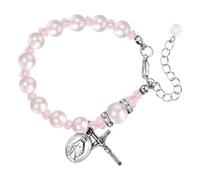 Flongo Cruz María Rosario para mujer: Pulsera de perlas de acero inoxidable rosa con cruz y colgante de María ajustable joyería cristiana católica regalo religioso para bautizo Navidad Pascua