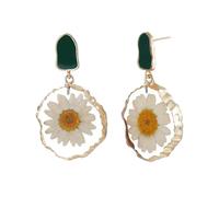 Flongo Pendientes con flores prensadas reales para mujer - Aros boho de margarita con esmalte - Joyería hipoalergénica ligera de cobre y acrílico para estilo natural y romántico