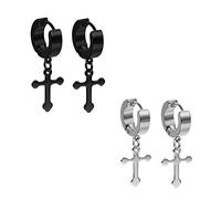 Flongo Pendientes Cruz Hombre Mujer: Pendientes de Aro Acero Inoxidable Hip Hop - Regalos para Día de San Valentín Negro Plateado