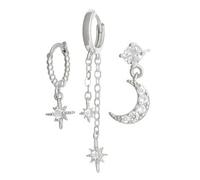 Flongo Pendientes de estrella de luna para mujer: juego de 3 piezas de aro colgantes de oro con circonita cúbica, apilables, de acero inoxidable, regalo de cumpleaños, San Valentín, Navidad
