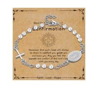 Flongo Pulsera Cruz Mujer Cristianas: Católica del Rosario Crucificado Acero Inoxidable Perla - Regalo Bautismo Hombre Mujer Dia de la Madre Navidad Plata Tarjeta 2