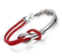 Flongo Pulsera De Cordón De Cuero Para Hombre: Brazalete De Cordón De Cuero Con Hebilla Infinita Simple De Acero Inoxidable Para Hombre Y Mujer - Rojo Y Plateada