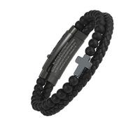 Flongo Pulsera de Cruz para Hombre: Brazalete Cristiano de Cuero Negro con Versículo Bíblico y Cuentas de Ónix Cruz de Acero Ajustable Joyería Religiosa Regalo Motivador para Hombres Fe Cristiana
