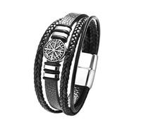 Flongo Pulsera de piel con brújula vikinga para hombre, color negro, tamaño pequeño, brazalete con dije de runas nórdicas, pulsera trenzada de piel sintética con cierre magnético de acero inoxidable