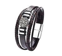 Flongo Pulsera de piel Viking Brújula para hombre - Amuleto nórdico runas con símbolo de brújula - Piel sintética trenzada con cierre magnético - Pulsera negra de tamaño pequeño - Regalo para hombres