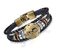 Flongo - Pulsera de piel y aleación, diseño zodiacal, 12 constelaciones astrológicas, perlas de madera, tribales, trenzado, color negro, fantasía, joyas, regalos para mujer y hombre, 21 cm, Cuero, Sin