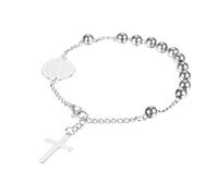 Flongo Pulsera de rosario de cruz de Cristo: pulsera de crucifijo de Jesús, pulsera de acero inoxidable con medalla de San Benito para mujer, No es una piedra preciosa, Tipo A- plata