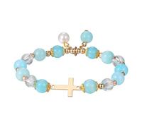 Flongo Pulsera Energética para Mujer - Pulsera de Cuarzo y Amazonita con Cruz de Acero Inoxidable, Perlas y Piedras Azules, Joya Espiritual contra la Ansiedad, Amuleto Dorado