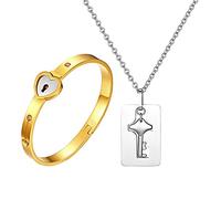 Flongo Pulsera Hombre Mujer, Collar Hombre Mujer, Pulsera con Collar en Forma de Cerratura y Llave, Pulsera de Esposas Corazon Oro, Plateado Buen Regalo Original de Navidad San Valentin