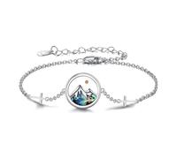 Flongo Pulsera Mujer Cruz Plata: Montaña de Semillas de Mostaza Concha de Abulón Colores Diseño Montaña Religioso - Pulsera Colgante Redondo Acero Inoxidable Diseño Color Azul