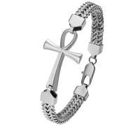 Flongo Pulsera para hombre Ankh Cruz: pulsera negra dorada y plata Franco pulsera cadena de acero inoxidable cadena doble cadena tejida con cruz egipcia amuleto para hombre y mujer, 22 cm, Acero