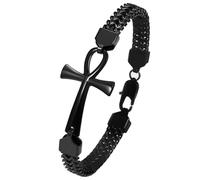 Flongo Pulsera para hombre Ankh Cruz: pulsera negra dorada y plata Franco pulsera cadena de acero inoxidable cadena doble cadena tejida con cruz egipcia amuleto para hombre y mujer, 22 cm, Acero