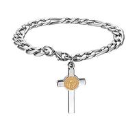 Flongo,Pulsera para hombre, cadena de eslabones, rosario, cadena, pulsera, cadena en tono plateado, con segmentos benedictos, santa benedict, cruz, accesorio para hombre, de acero inoxidable