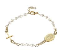 Flongo - Pulsera para mujer, perlas católicas, acero inoxidable, con cruz y medalla virgen maría, cuentas de diamantes de imitación, con tarjeta de primera comunión, regalo de primera comunión
