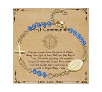 Flongo - Pulsera para mujer, perlas católicas, acero inoxidable, con cruz y medalla virgen maría, cuentas de diamantes de imitación, con tarjeta de primera comunión, regalo de primera comunión