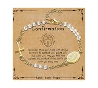 Flongo - Pulsera para mujer, perlas católicas, acero inoxidable, con cruz y medalla virgen maría, cuentas de diamantes de imitación, con tarjeta de primera comunión, regalo de primera comunión