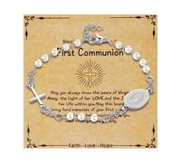 Flongo - Pulsera para mujer, perlas católicas, acero inoxidable, con cruz y medalla virgen maría, cuentas de diamantes de imitación, con tarjeta de primera comunión, regalo de primera comunión