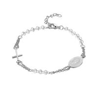 Flongo - Pulsera para mujer, perlas católicas, acero inoxidable, con cruz y medalla virgen maría, cuentas de diamantes de imitación, con tarjeta de primera comunión, regalo de primera comunión